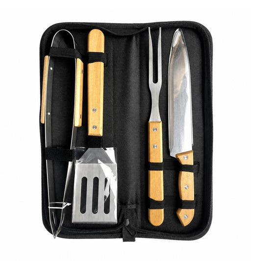Portable BBQ tool set in black zip carry bag with stainless steel fork, spatula, and grill tools