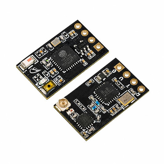 Two black receiver PCBs with gold mounting holes and pin connectors, angled view