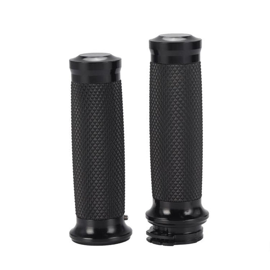Black textured motorcycle handlebar grips with ribbed pattern and dark end caps