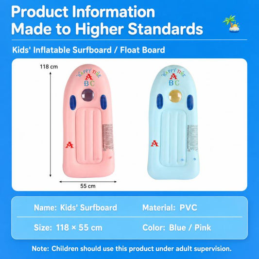 Kids inflatable surfboard in pink and blue, showing front handle openings and air valve