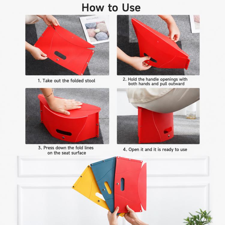 Foldable plastic card stool with curved seat and storage basket, folded and opened in red