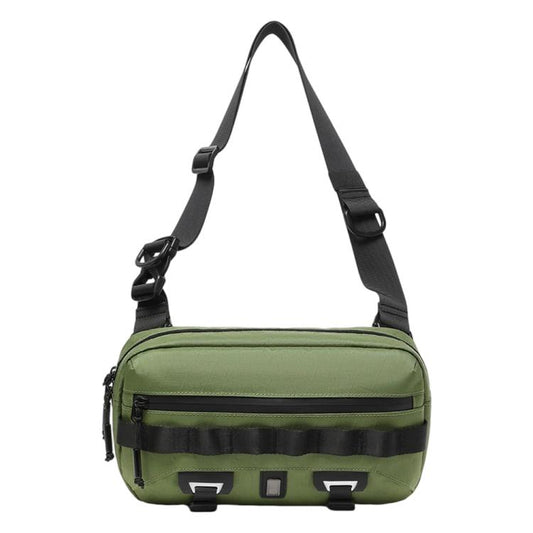 Army green crossbody sling bag with adjustable straps and front utility organizer.
