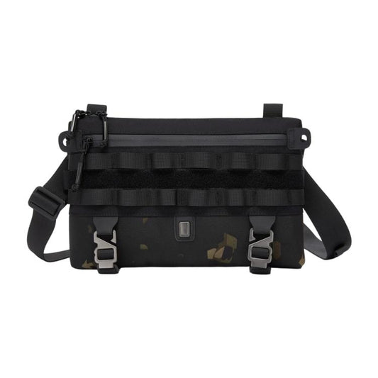 Black camouflage-style multifunctional outdoor shoulder bag with front buckle straps