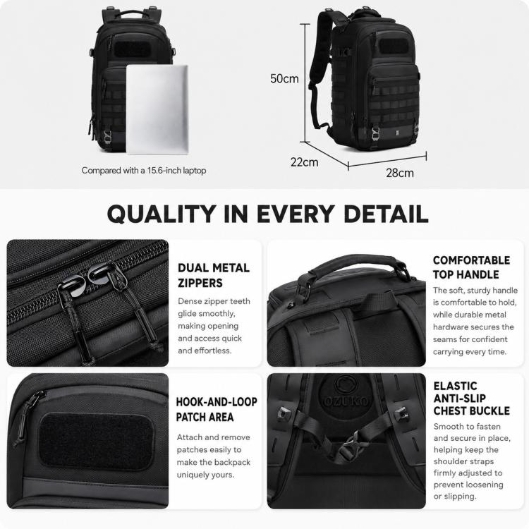 Black backpack with top handle, dual metal zipper, hook-and-loop patch area, size details