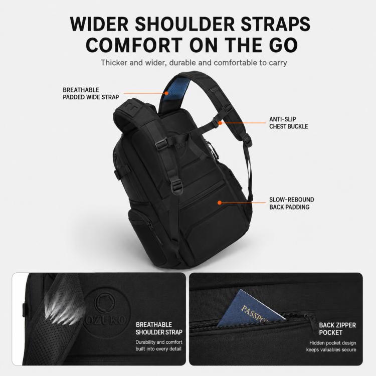 Black business laptop backpack with wide padded shoulder straps and anti-slip chest buckle