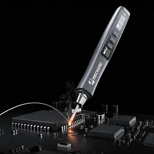 Portable electric soldering iron with glowing metal tip on a circuit board setup