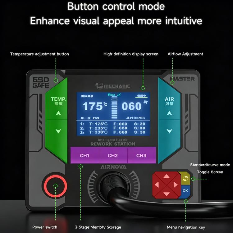 Hot air rework station control panel with screen and temperature control buttons