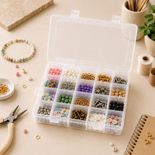Clear 20-compartment plastic storage box with open lid, beads neatly sorted in sections.
