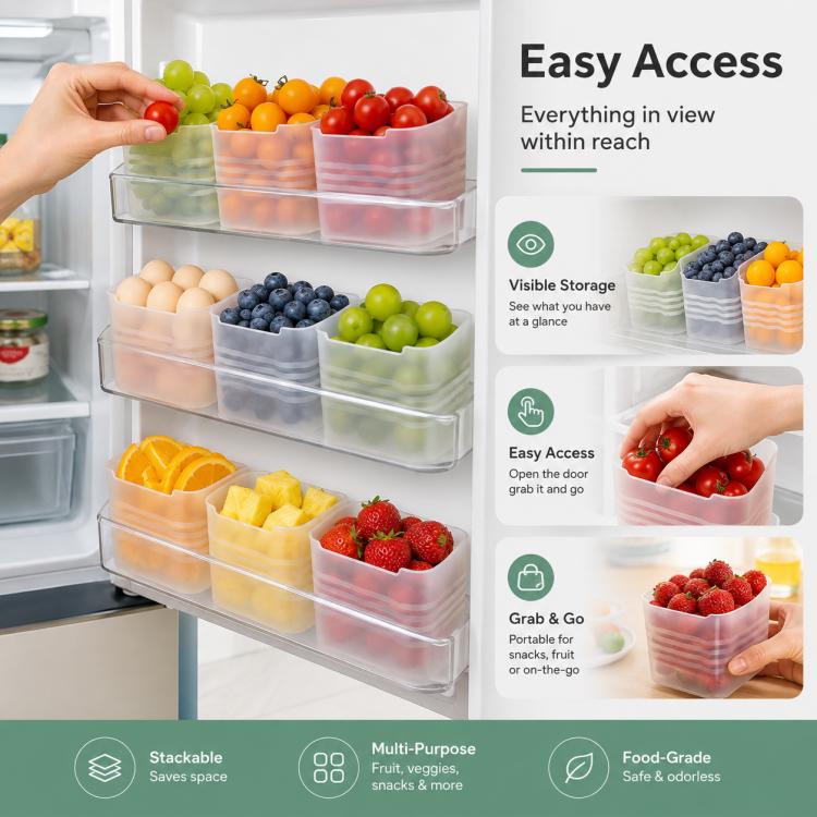 Clear multi-compartment refrigerator door storage bins with front access for snacks.