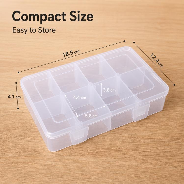 Clear 8-compartment organizer box with compact design for sorting small items.