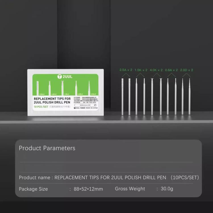 Replacement tips for polish drill pen, with retail card packaging and 10 metal tips