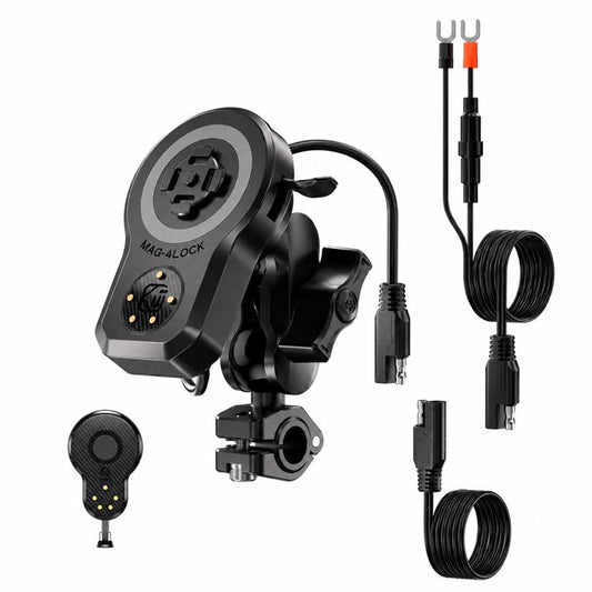 Motorcycle magnetic phone charger mount with rotating arm and multiple power cables