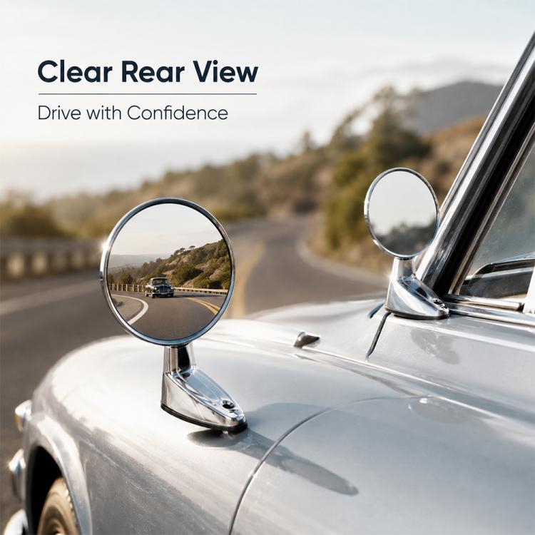 Mounted round chrome car rearview mirror on vintage vehicle