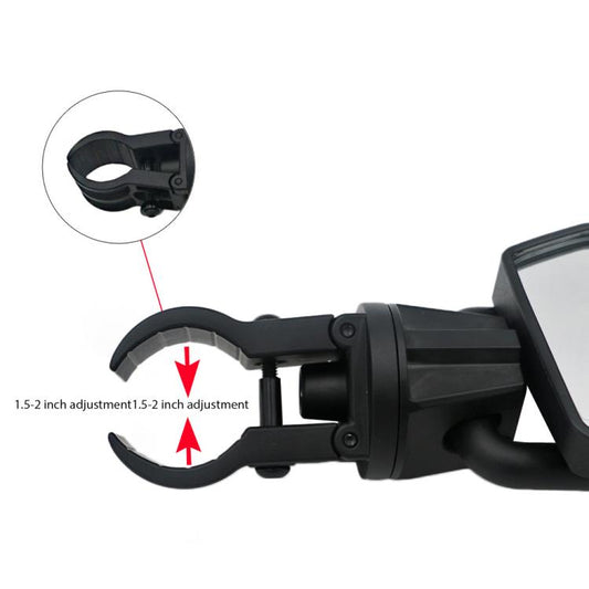 Universal rearview mirror with 1.5–2 inch adjustment knob and hinged mount