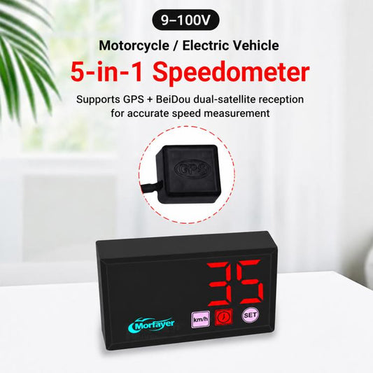 5-in-1 speedometer with GPS module, black case, red LED readout and km/h icon