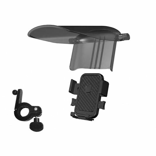Translucent black bike phone holder with sunshade, carbon-texture grip, handlebar mount
