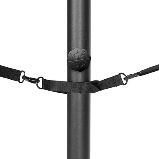 Black buckle strap securing a sun umbrella pole with metal hooks