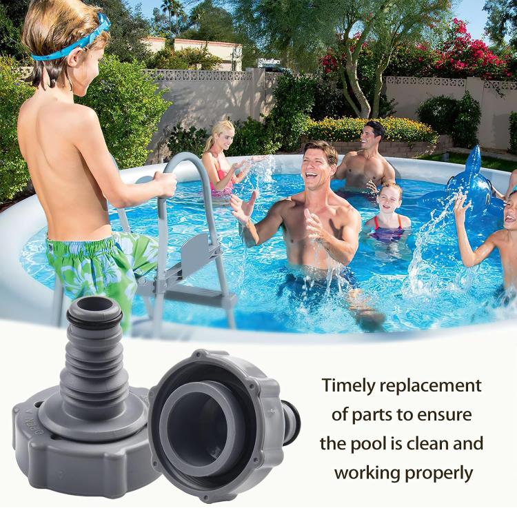 Dark gray pool hose adapter on ribbed hose with circular opening and connector base