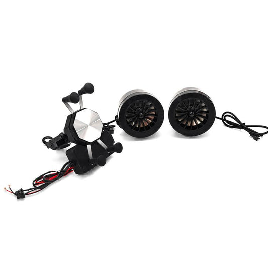 Motorcycle phone mount speaker with two horn-style speakers and rearview mirror clamp