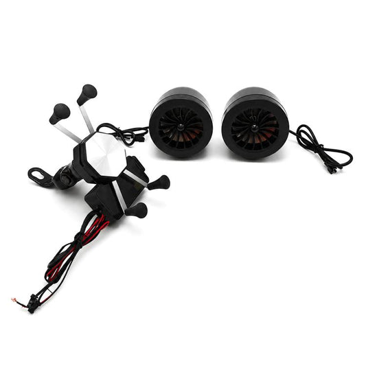 Motorcycle phone mount speaker kit with dual horn speakers and mirror mounting bracket