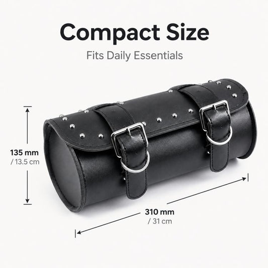 Black leather cylindrical handlebar bag with metal buckle straps and studded trim