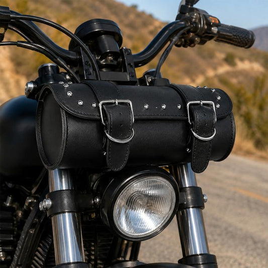 Black studded leather handlebar hanging bag with double buckle straps and curved ends