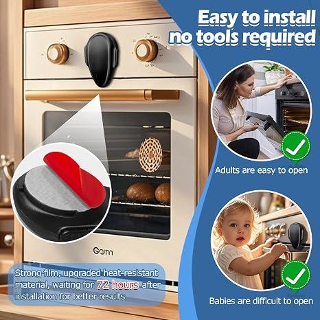 Black child-proof oven door lock safety latch installed on oven drawer door front