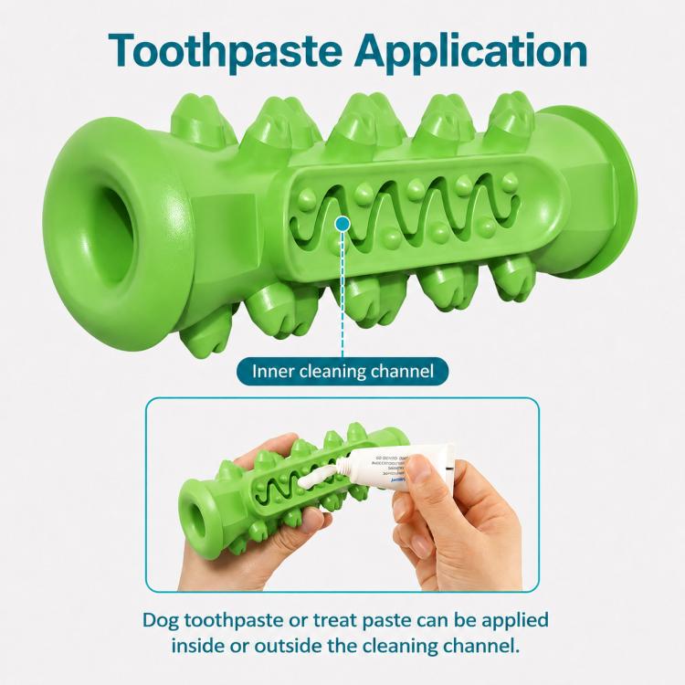 Green bone-shaped teething toy for dogs with inner ridged cleaning channel