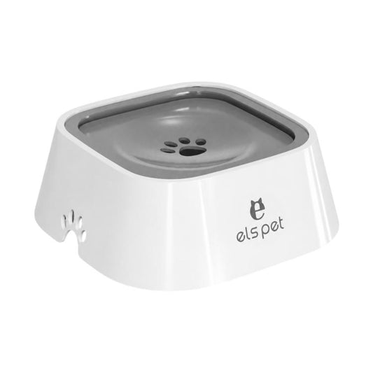White pet water bowl with gray inner tray, paw icon, and els pet logo.