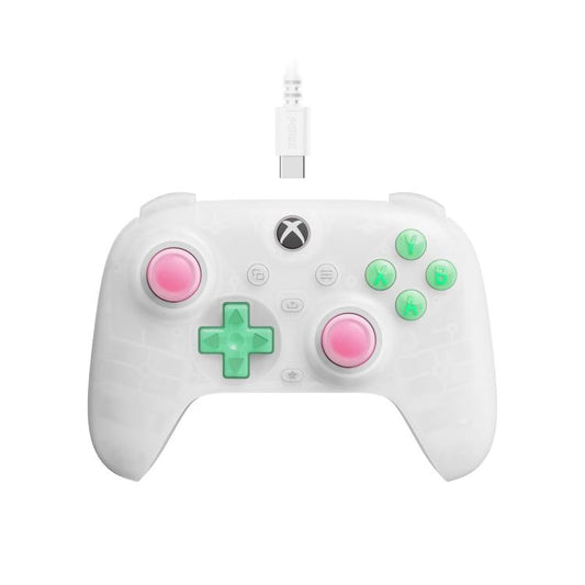 Translucent white wired gaming controller with pastel pink/green buttons and thumbsticks