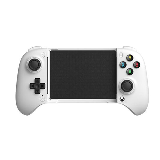 White mobile game controller with dual joysticks and ABXY button cluster on screen holder