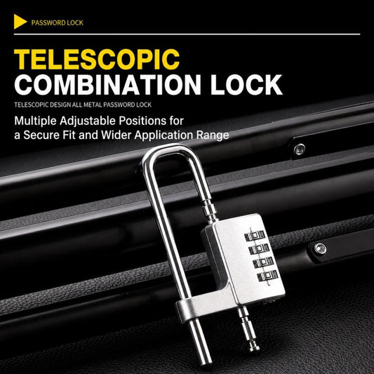 Steel telescopic combination lock with U-shackle and 4-digit keypad on a black strap