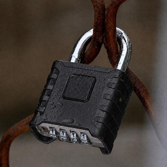 All-metal combination padlock with black body and short shackle, 4-digit dial