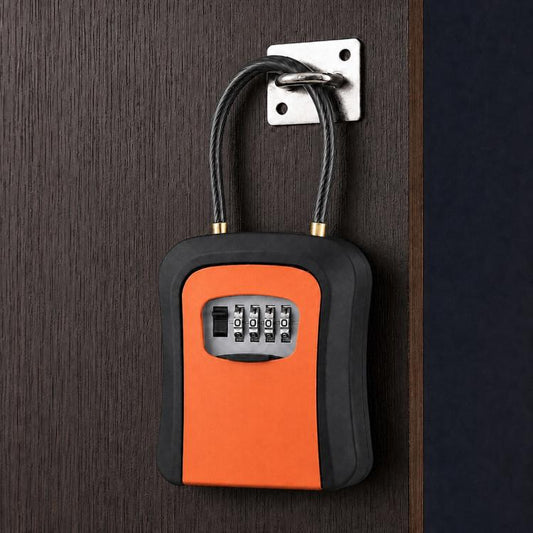 Wall-mounted key lock box with steel cable, orange front combination dial cover.