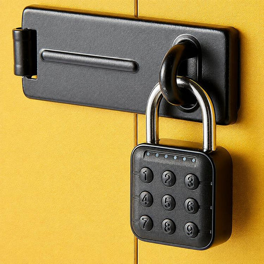Black keypad combination padlock with metal shackle, front view