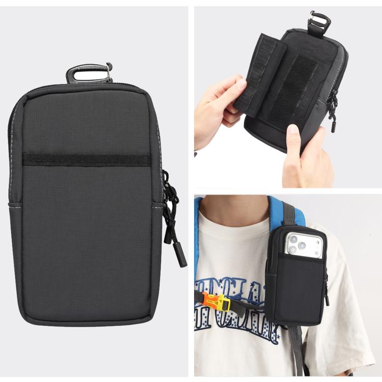 Charcoal gray nylon portable phone bag with shoulder strap, zip closure, and top carrying handle