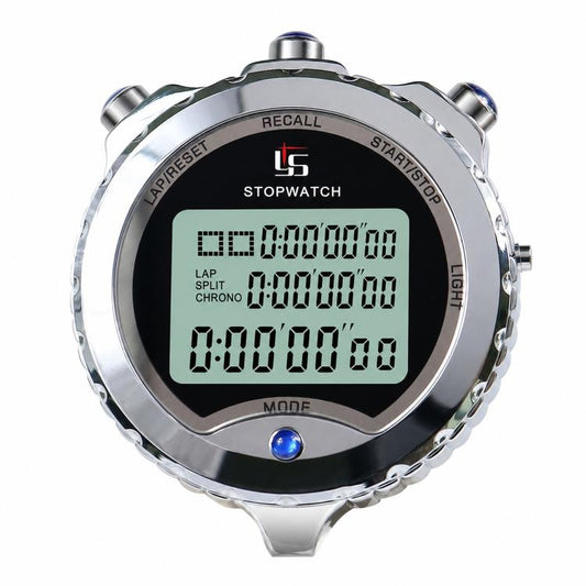 Silver metal stopwatch with black LCD and blue button, digital lap display visible