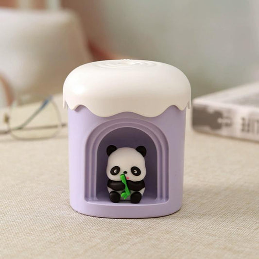 Purple mini night light humidifier with panda face in front window