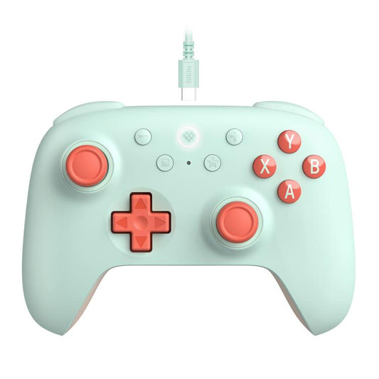 Wired youth gaming controller in mint green with orange D-pad and ABXY buttons