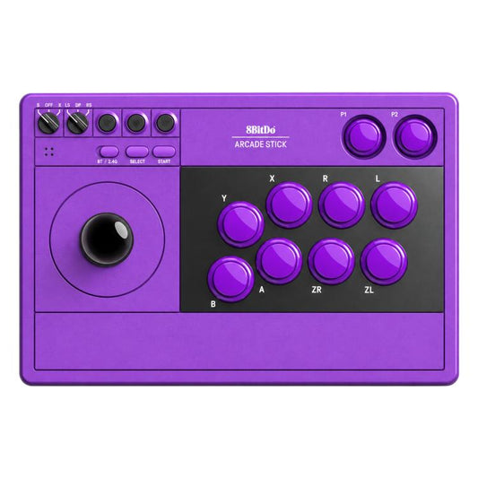 8BitDo V3 arcade stick controller, purple with joystick and round arcade buttons