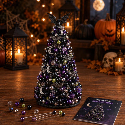 Purple and black beaded Christmas tree craft decoration with moon crescent details