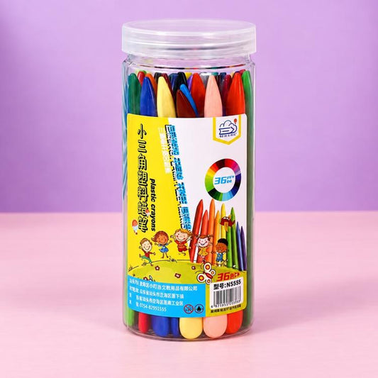 Set of 36 triangular plastic crayons in clear jar, assorted colors