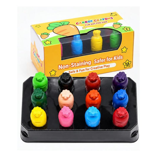 Washable color crayon set in plastic tray, assorted bright carrot-shaped crayons