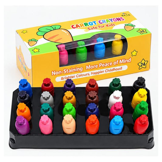 Washable color crayon set with 24 carrot-shaped crayons in an open box tray