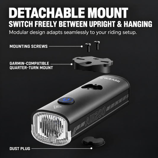 Black CYCLAMi bike headlight with detach mount base and front lens with dust plug