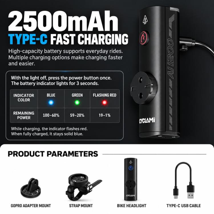 CYCLAMi bike headlight with Type-C USB charging cable and strap/gopro mounts included