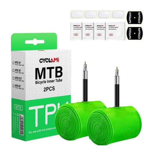 Bright green TPU inner tube set: two coiled tubes with two valve stems and box
