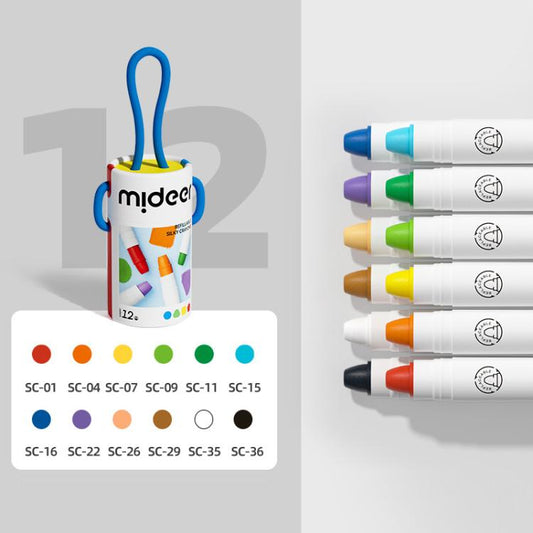 Kids refillable crayon barrel set with colorful refill sticks and matching color swatches