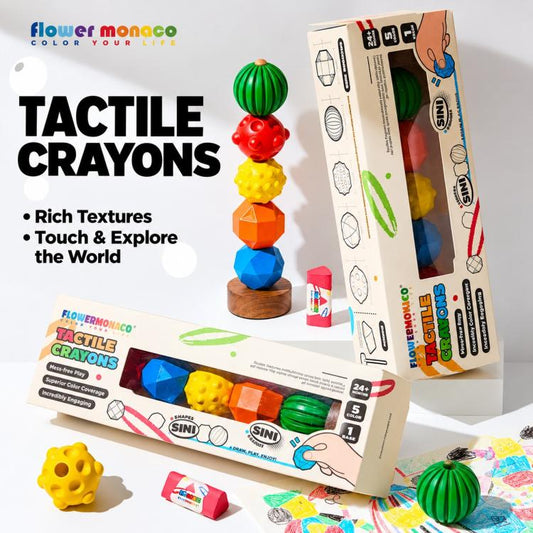 Tactile crayons box with colorful textured crayon shapes and a small crayon pack