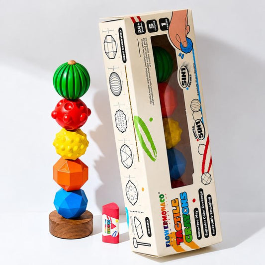 Children's tactile crayon set in boxed packaging with colored textured crayon pieces